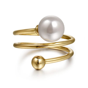 14K Yellow Gold Bujukan Beads and Pearl Bypass Ring