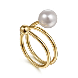14K Yellow Gold Bujukan Beads and Pearl Bypass Ring