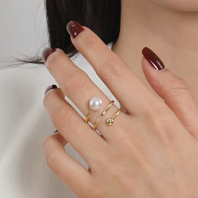 14K Yellow Gold Bujukan Beads and Pearl Bypass Ring - Shot 5