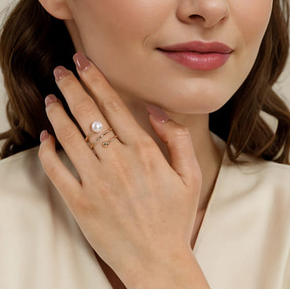 14K Yellow Gold Bujukan Beads and Pearl Bypass Ring