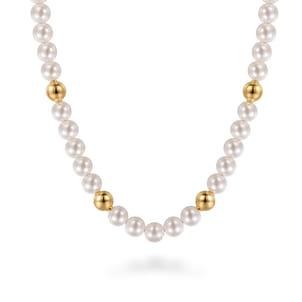 14K Yellow Gold Bujukan Beads and Pearl Station Necklace