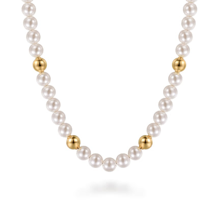 14K Yellow Gold Bujukan Beads and Pearl Station Necklace