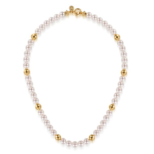 14K Yellow Gold Bujukan Beads and Pearl Station Necklace