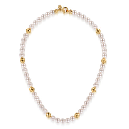 14K Yellow Gold Bujukan Beads and Pearl Station Necklace