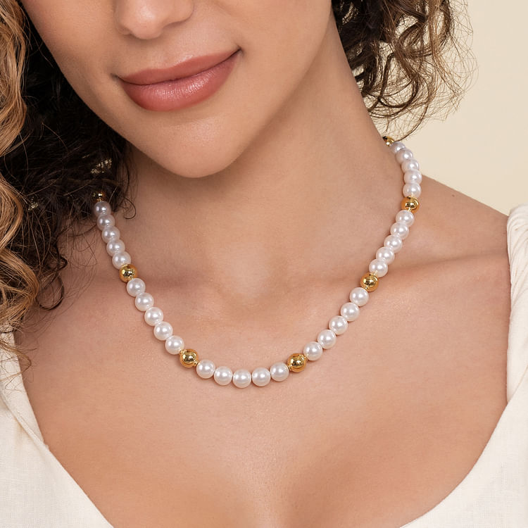14K Yellow Gold Bujukan Beads and Pearl Station Necklace