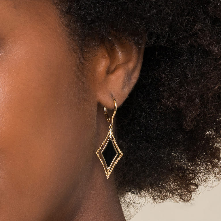 14K Yellow Gold Bujukan Black Onyx Drop Earrings - Shot 2