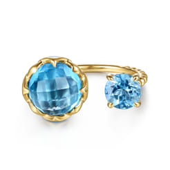 14K Yellow Gold Bujukan Blue Topaz Clover Open Ring with Dusk Blue Enamel