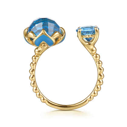 14K Yellow Gold Bujukan Blue Topaz Clover Open Ring with Dusk Blue Enamel