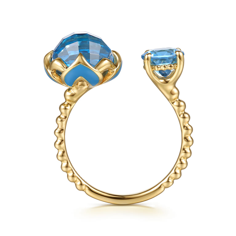 14K Yellow Gold Bujukan Blue Topaz Clover Open Ring with Dusk Blue Enamel - Shot 2