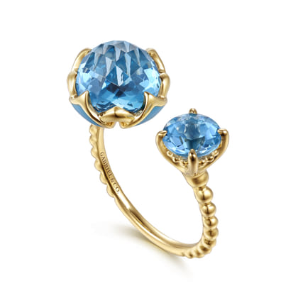 14K Yellow Gold Bujukan Blue Topaz Clover Open Ring with Dusk Blue Enamel
