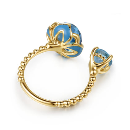 14K Yellow Gold Bujukan Blue Topaz Clover Open Ring with Dusk Blue Enamel