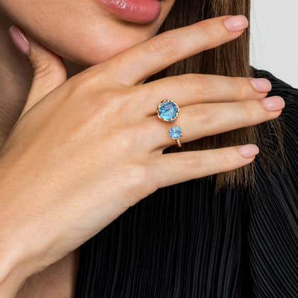 14K Yellow Gold Bujukan Blue Topaz Clover Open Ring with Dusk Blue Enamel