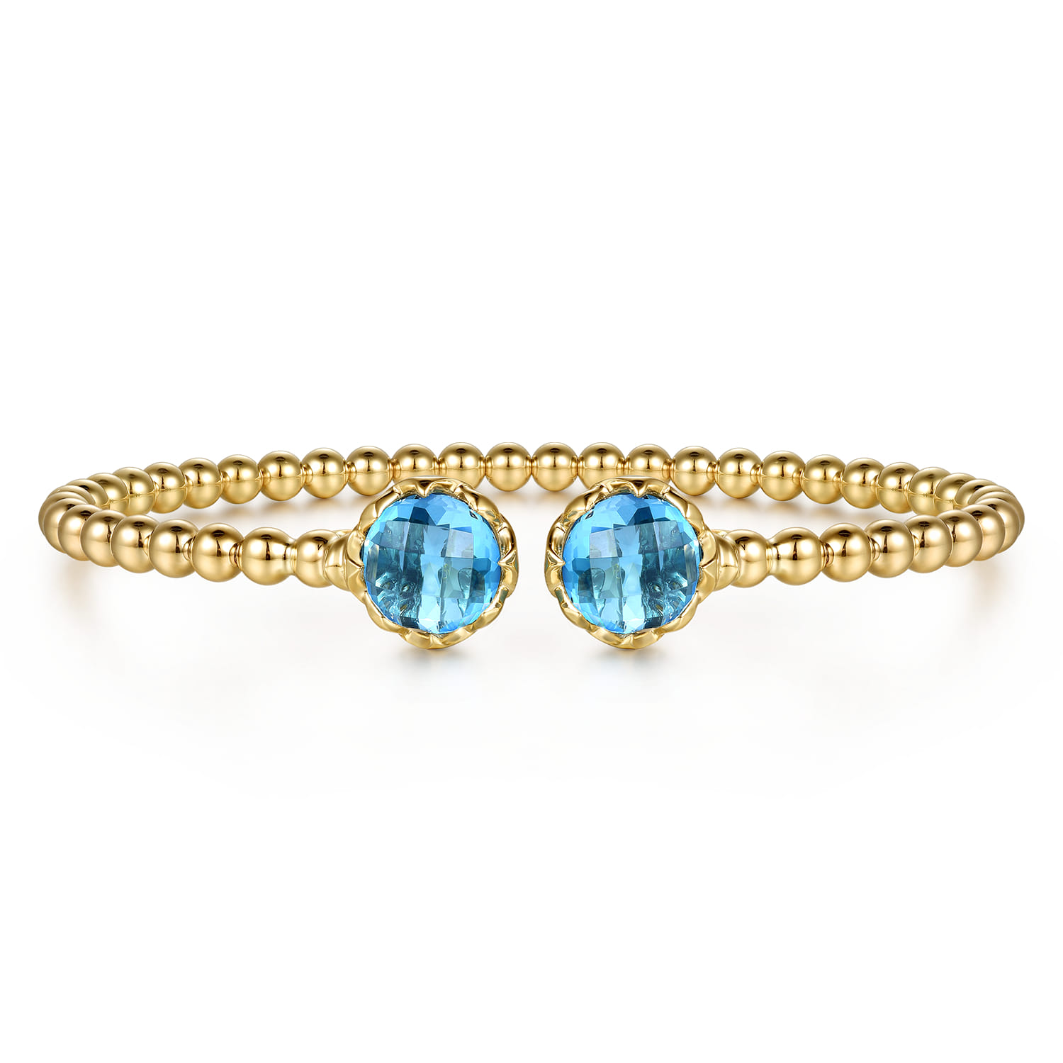 14K Yellow Gold Bujukan Blue Topaz Floral Split Bangle Bracelet with Dusk Blue Enamel - Shot 1