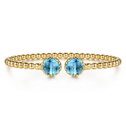 14K Yellow Gold Bujukan Blue Topaz Floral Split Bangle Bracelet with Dusk Blue Enamel