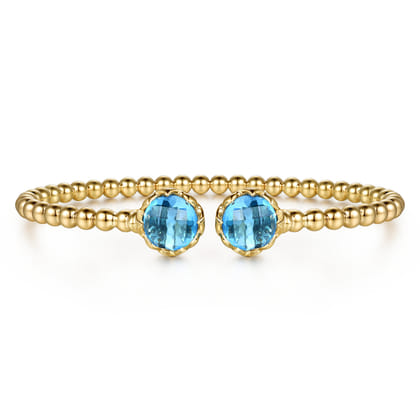 14K Yellow Gold Bujukan Blue Topaz Floral Split Bangle Bracelet with Dusk Blue Enamel