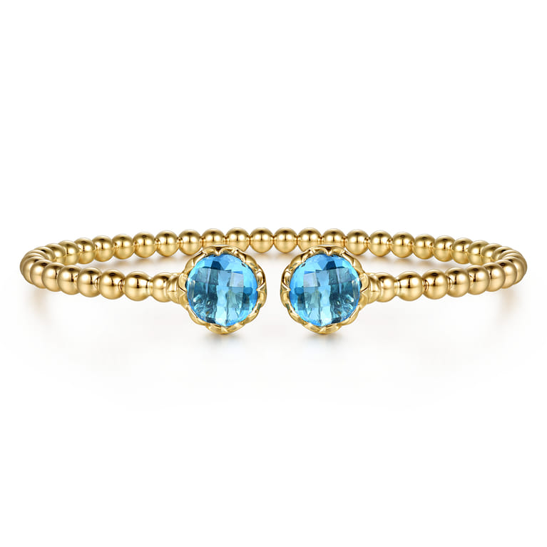 14K Yellow Gold Bujukan Blue Topaz Floral Split Bangle Bracelet with Dusk Blue Enamel - Shot 1