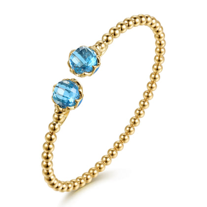 14K Yellow Gold Bujukan Blue Topaz Floral Split Bangle Bracelet with Dusk Blue Enamel