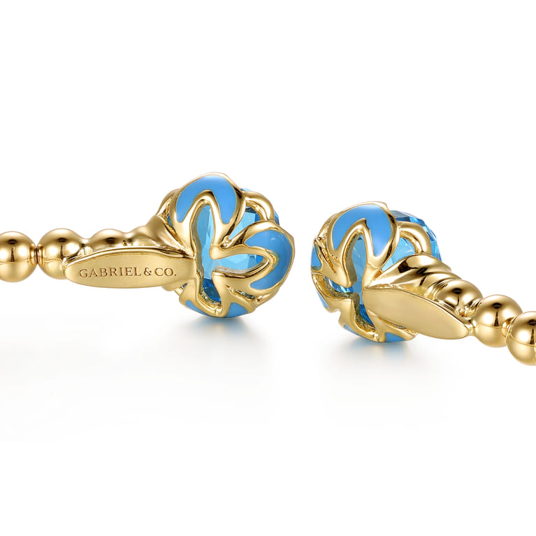 14K Yellow Gold Bujukan Blue Topaz Floral Split Bangle Bracelet with Dusk Blue Enamel - Shot 4