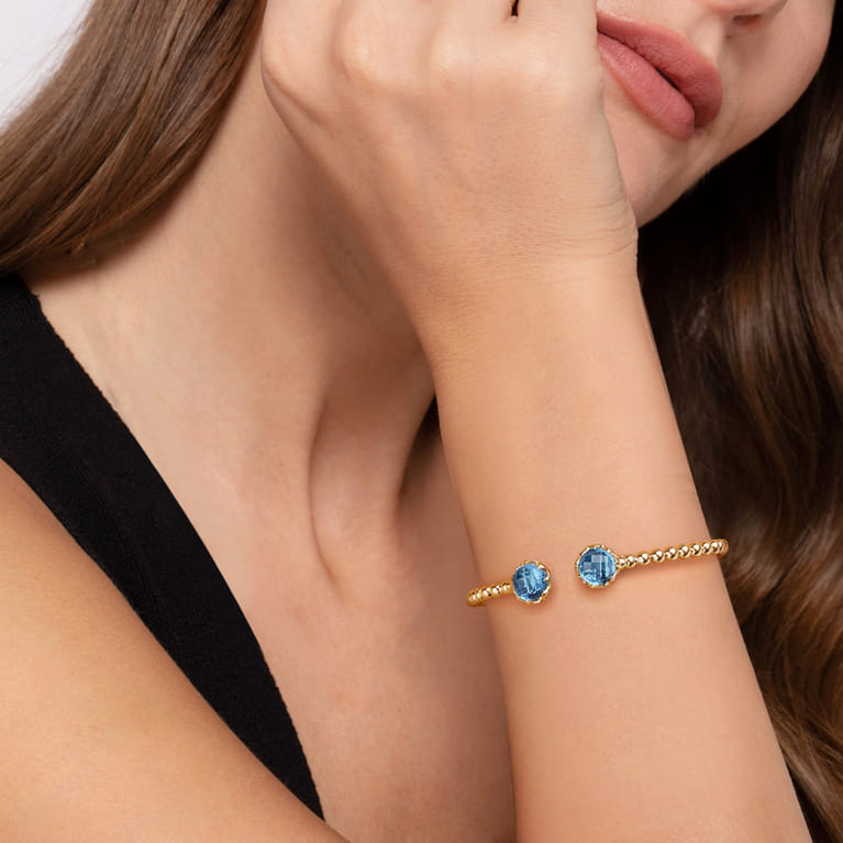 14K Yellow Gold Bujukan Blue Topaz Floral Split Bangle Bracelet with Dusk Blue Enamel - Shot 5