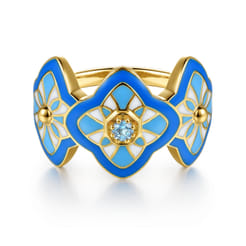 14K Yellow Gold Bujukan Blue Topaz Floral Wide Band with Blue Dusk Blue and White Enamel