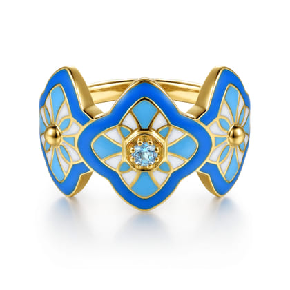 14K Yellow Gold Bujukan Blue Topaz Floral Wide Band with Blue Dusk Blue and White Enamel