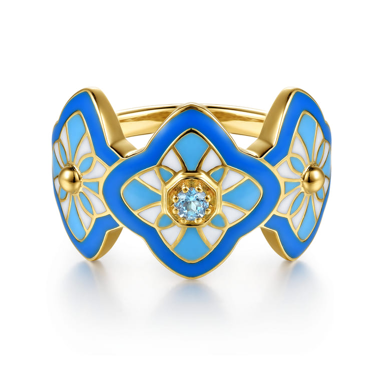 14K Yellow Gold Bujukan Blue Topaz Floral Wide Band with Blue Dusk Blue and White Enamel - Shot 1