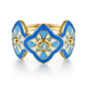 14K Yellow Gold Bujukan Blue Topaz Floral Wide Band with Blue Dusk Blue and White Enamel