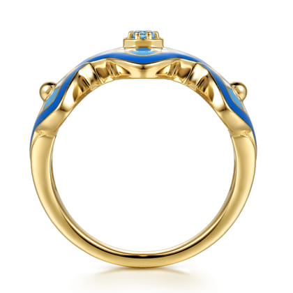14K Yellow Gold Bujukan Blue Topaz Floral Wide Band with Blue Dusk Blue and White Enamel