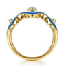14K Yellow Gold Bujukan Blue Topaz Floral Wide Band with Blue Dusk Blue and White Enamel