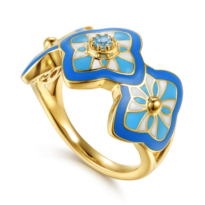 14K Yellow Gold Bujukan Blue Topaz Floral Wide Band with Blue Dusk Blue and White Enamel