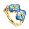 14K Yellow Gold Bujukan Blue Topaz Floral Wide Band with Blue Dusk Blue and White Enamel