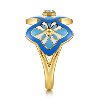 14K Yellow Gold Bujukan Blue Topaz Floral Wide Band with Blue Dusk Blue and White Enamel