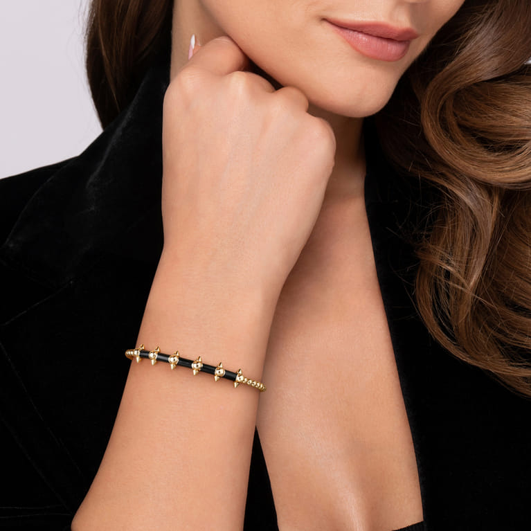 14K Yellow Gold Bujukan Bullet Cuff Bangle Bracelet with Black Enamel - Shot 4