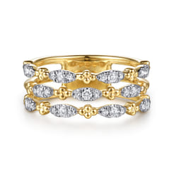 14K Yellow Gold Bujukan Clover and Diamond Marquise Easy Stackable Ring