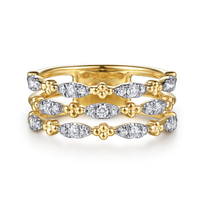 14K Yellow Gold Bujukan Clover and Diamond Marquise Easy Stackable Ring
