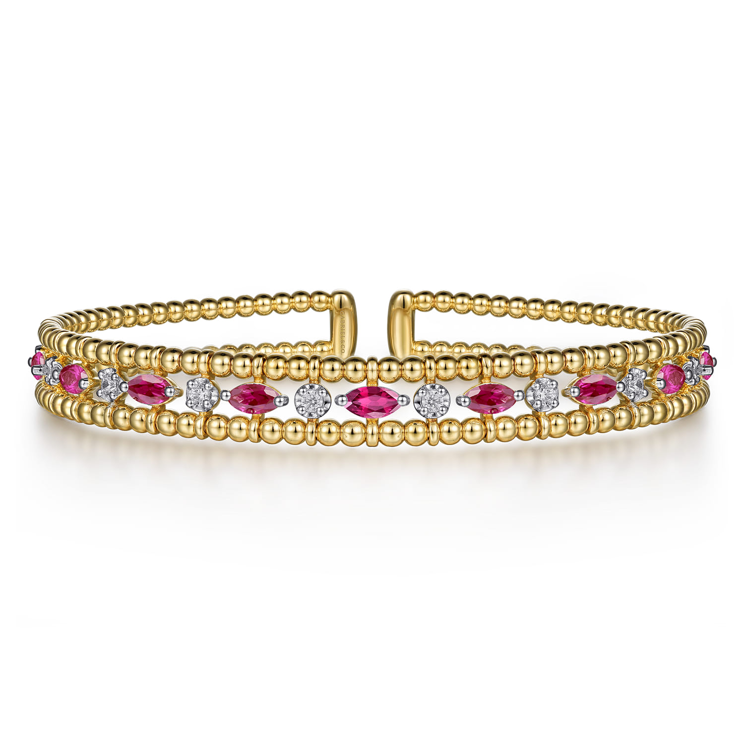 14K Yellow Gold Bujukan Cuff Bracelet with Marquise Ruby and Round Diamonds - 0.25 ct - Shot 1