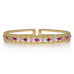 14K Yellow Gold Bujukan Cuff Bracelet with Marquise Ruby and Round Diamonds