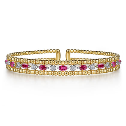 14K Yellow Gold Bujukan Cuff Bracelet with Marquise Ruby and Round Diamonds