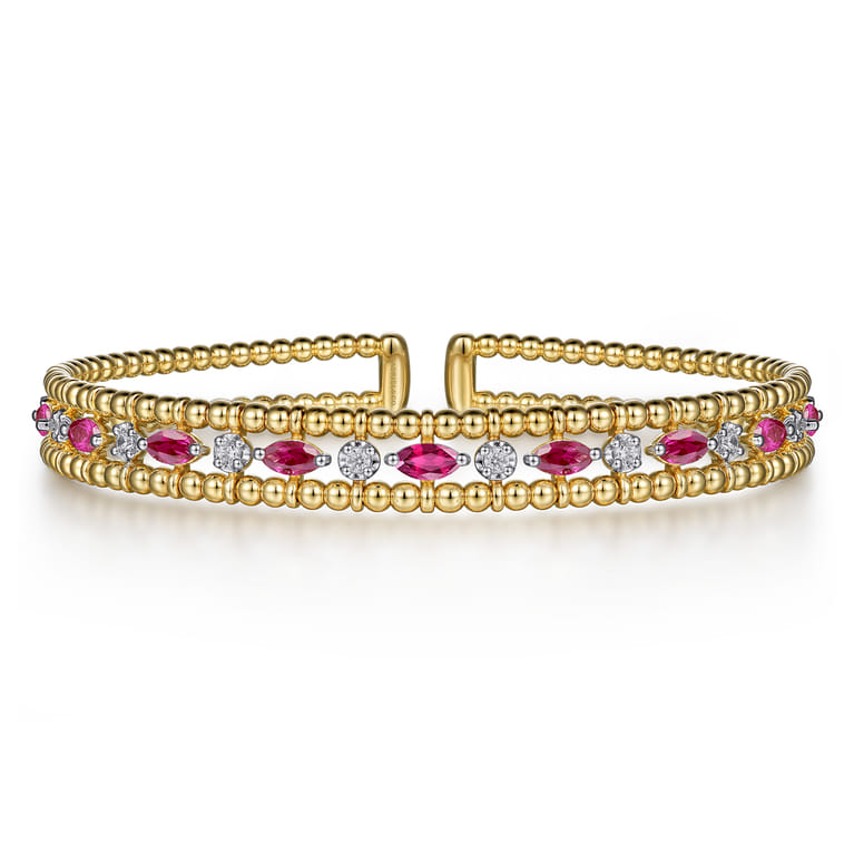 14K Yellow Gold Bujukan Cuff Bracelet with Marquise Ruby and Round Diamonds - 0.25 ct - Shot 1