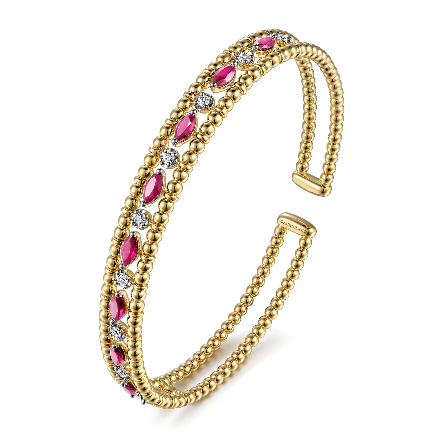 14K Yellow Gold Bujukan Cuff Bracelet with Marquise Ruby and Round Diamonds - 0.25 ct - Shot 2