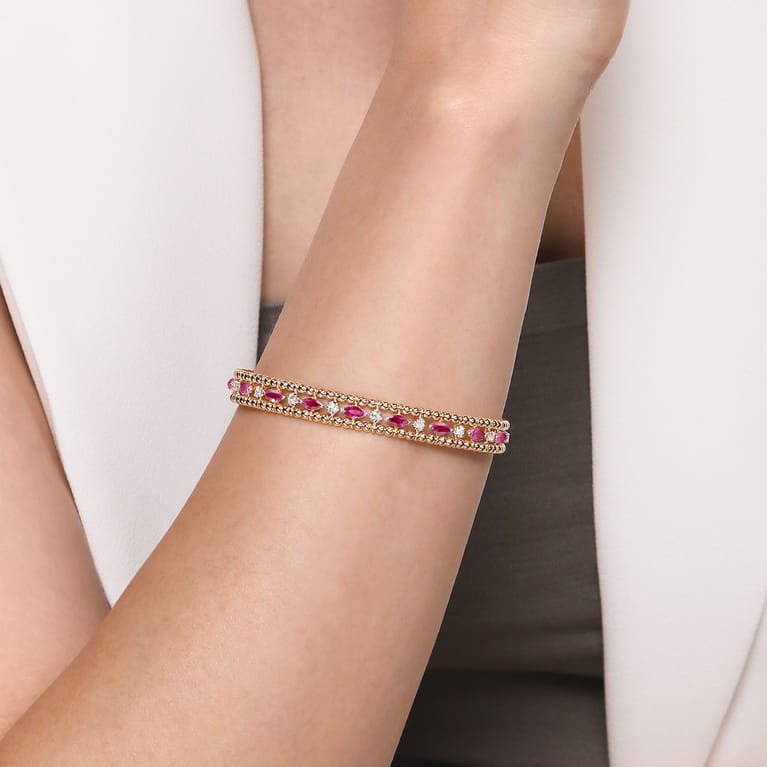 14K Yellow Gold Bujukan Cuff Bracelet with Marquise Ruby and Round Diamonds - 0.25 ct - Shot 4