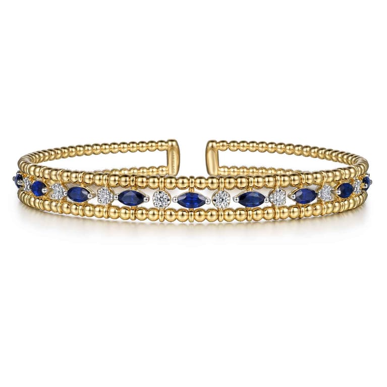 14K Yellow Gold Bujukan Cuff Bracelet with Marquise Sapphire and Round Diamonds - 0.25 ct - Shot 1
