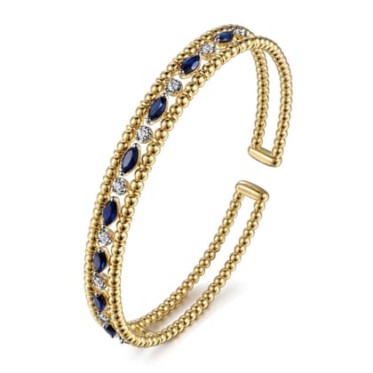14K Yellow Gold Bujukan Cuff Bracelet with Marquise Sapphire and Round Diamonds