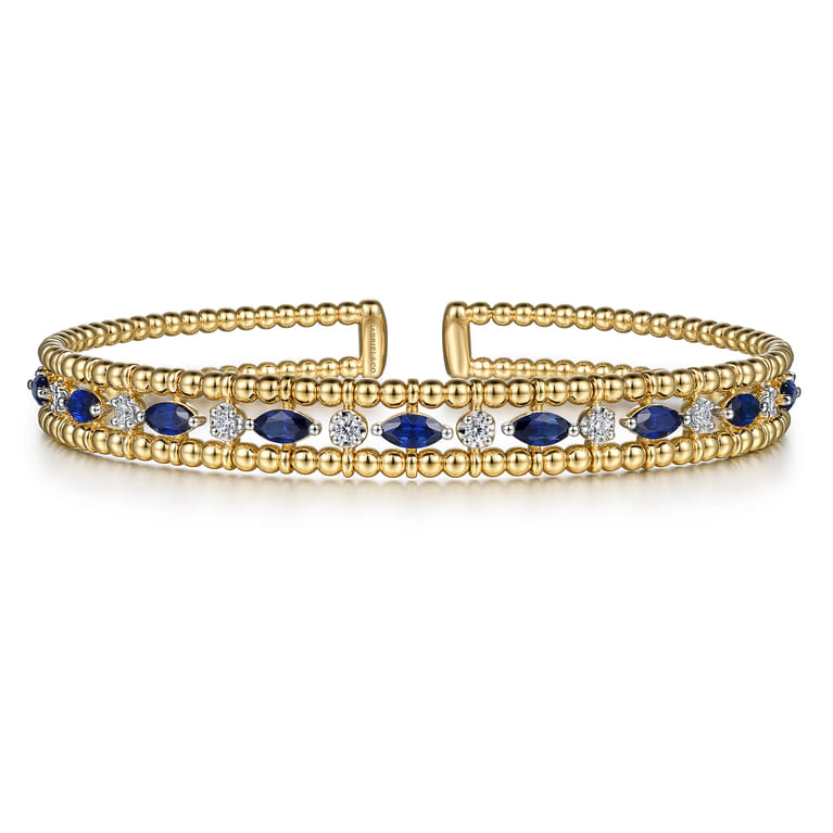 14K Yellow Gold Bujukan Cuff Bracelet with Marquise Sapphire and Round Diamonds - 0.25 ct - Shot 1