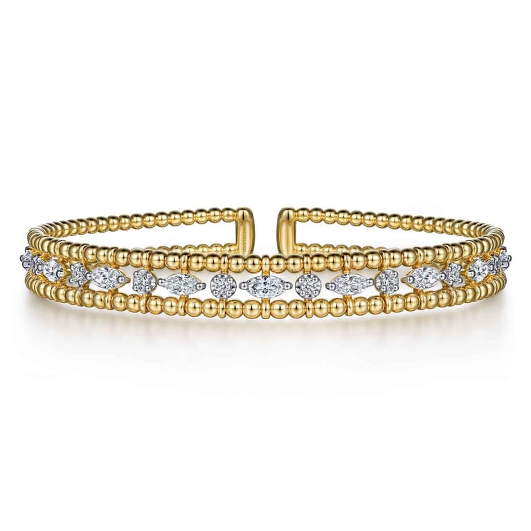 14K Yellow Gold Bujukan Cuff Bracelet with Marquise and Round Diamonds - 1.4 ct - Shot 1