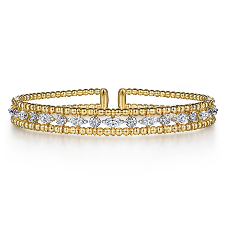 14K Yellow Gold Bujukan Cuff Bracelet with Marquise and Round Diamonds - 1.4 ct - Shot 1