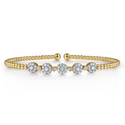 14K Yellow Gold Bujukan Cuff Bracelet with Pave Diamond Cluster Stations