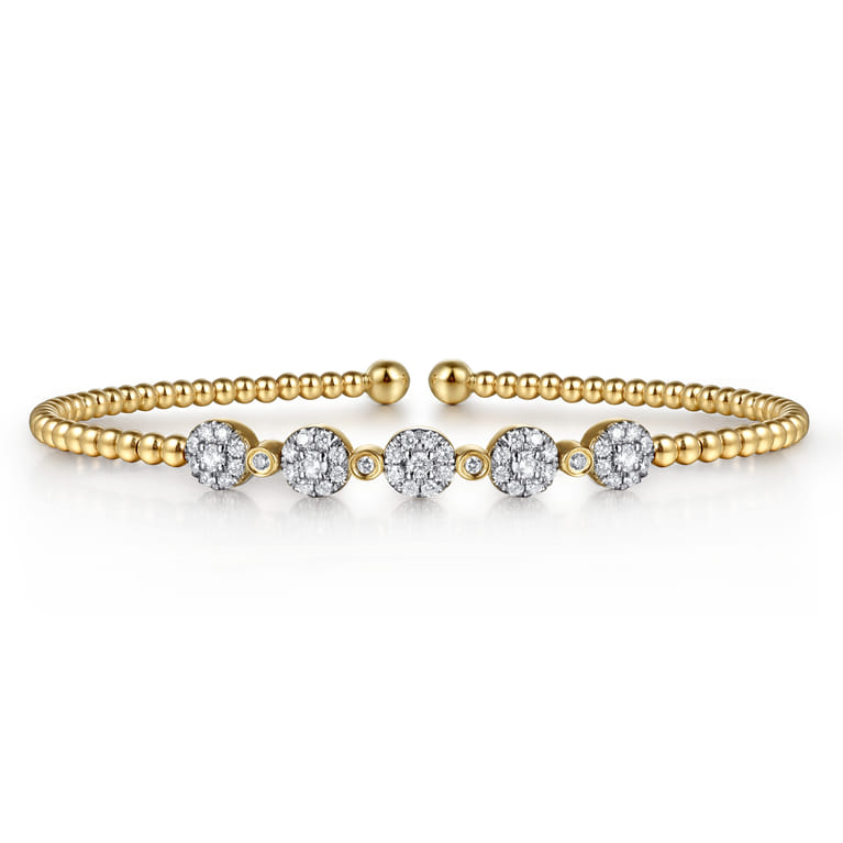 14K Yellow Gold Bujukan Cuff Bracelet with Pave Diamond Cluster Stations - 0.4 ct - Shot 1