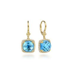 14K Yellow Gold Bujukan Cushion Blue Topaz’s with Diamond Halo Earrings