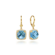 14K Yellow Gold Bujukan Cushion Blue Topaz’s with Diamond Halo Earrings